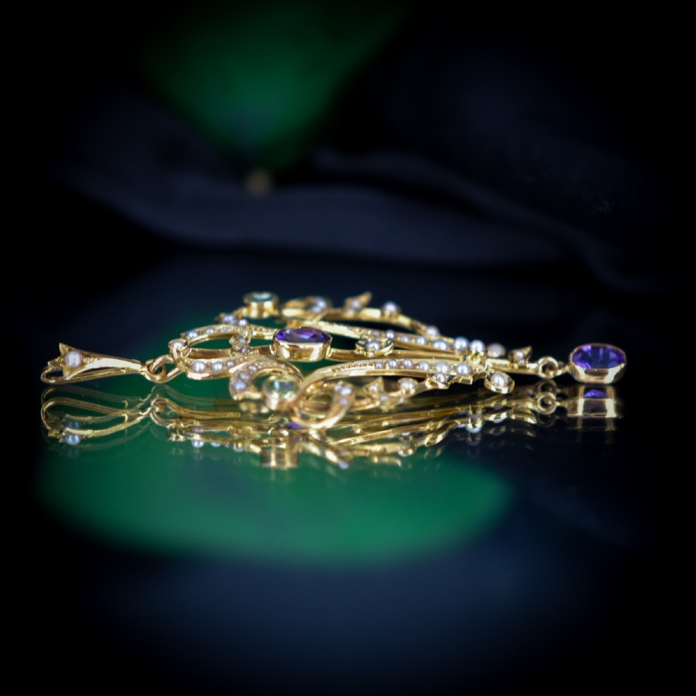 Antique Edwardian Amethyst Peridot and Pearl Lavalier 9ct 9K Yellow Gold Pendant | Suffragette View XI
