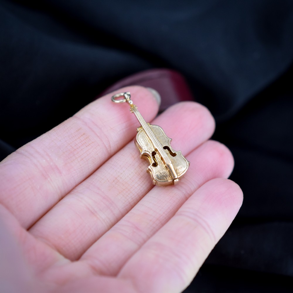 Vintage 9ct Gold Double Bass Violin Cello Instrument Opening Charm Pendant - Dated 1964 View X