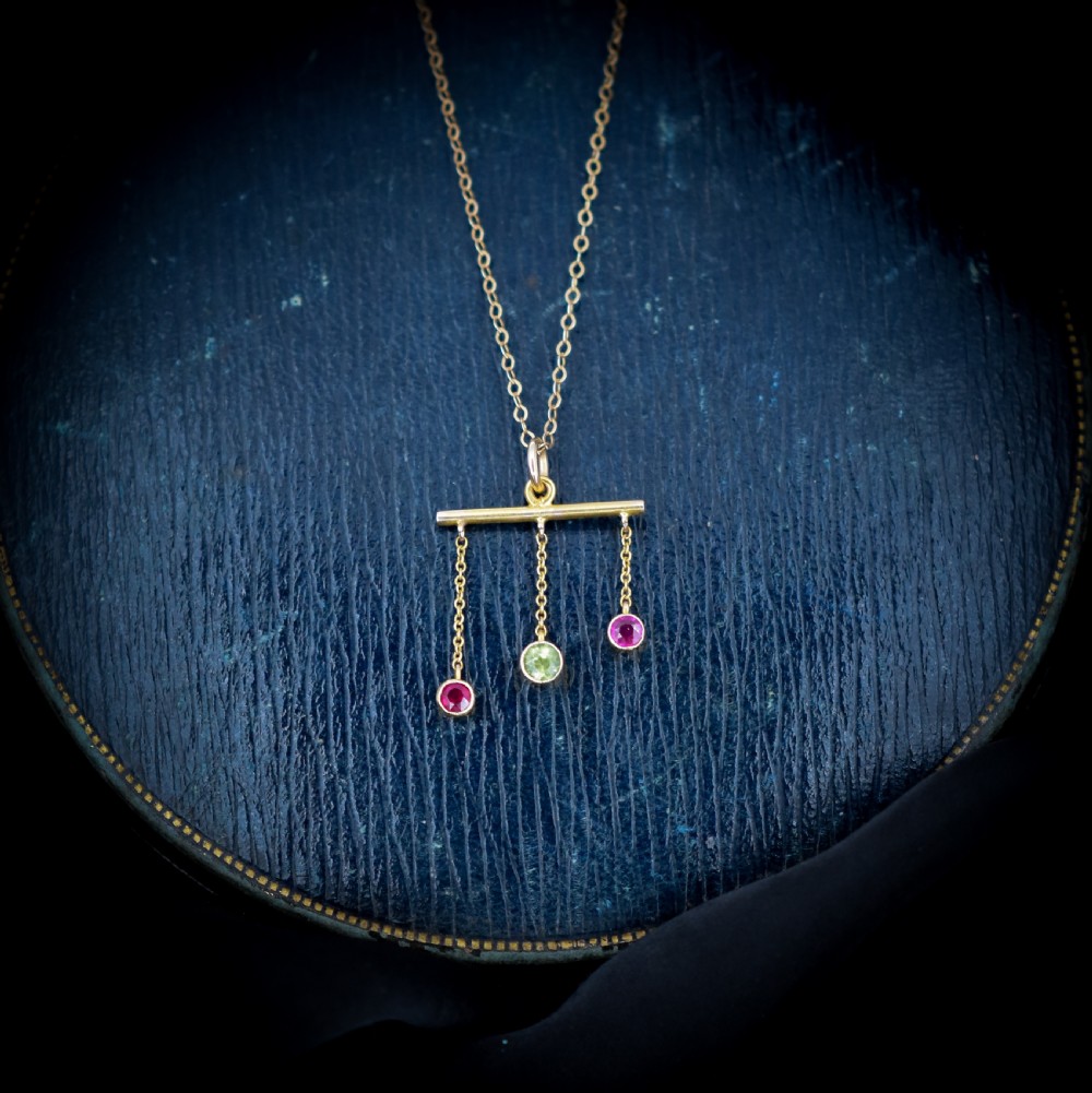 Antique Ruby and Peridot Bar Drop 9ct 9K Yellow Gold Negligee Chain Necklace