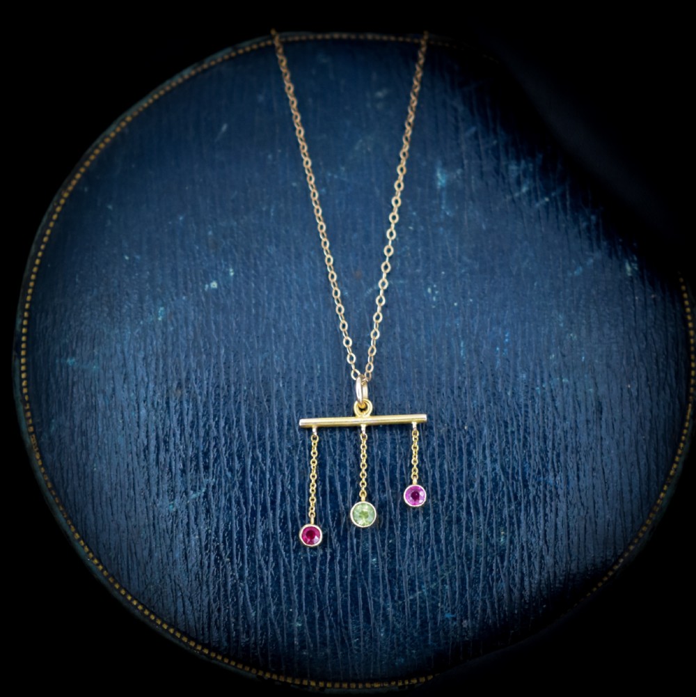 Antique Ruby and Peridot Bar Drop 9ct 9K Yellow Gold Negligee Chain Necklace View III