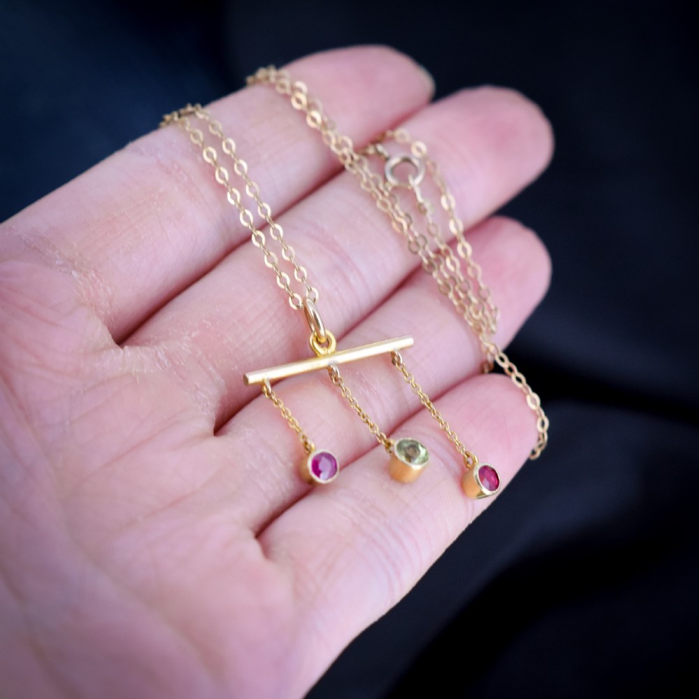 Antique Ruby and Peridot Bar Drop 9ct 9K Yellow Gold Negligee Chain Necklace View IX