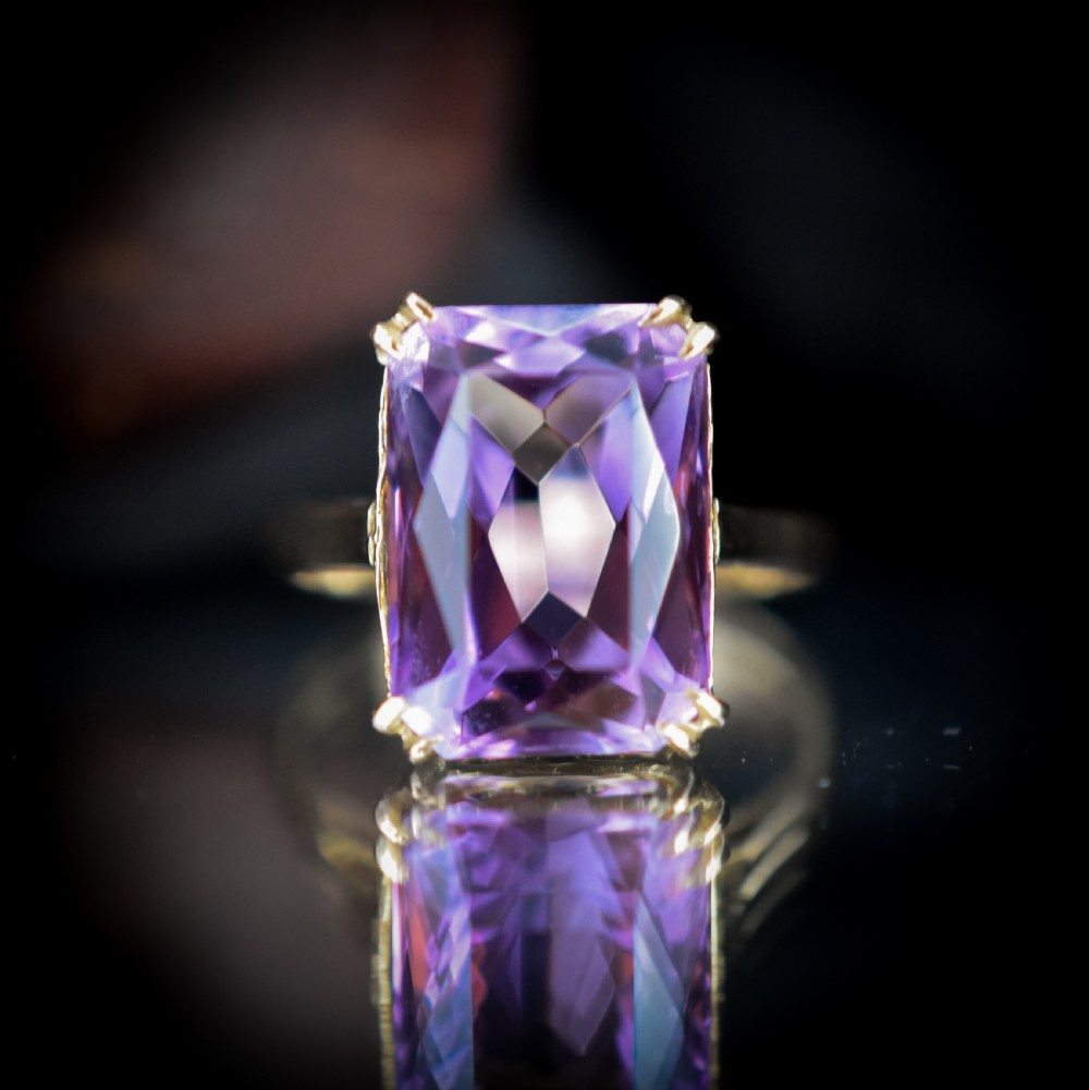 Vintage Rectangular Cut Large Amethyst Solitaire 9ct 9K Yellow Gold Cocktail Ring | Dated 1962 View VI