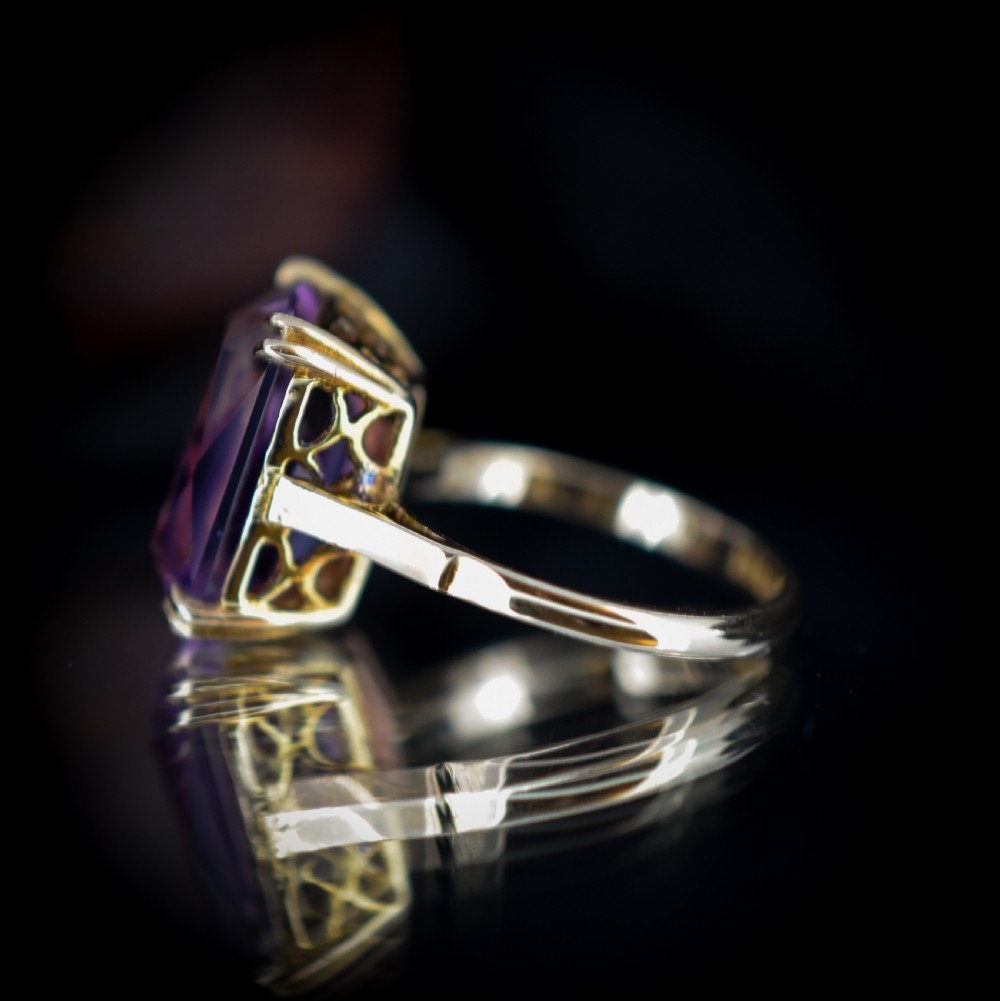 Vintage Rectangular Cut Large Amethyst Solitaire 9ct 9K Yellow Gold Cocktail Ring | Dated 1962 View IX