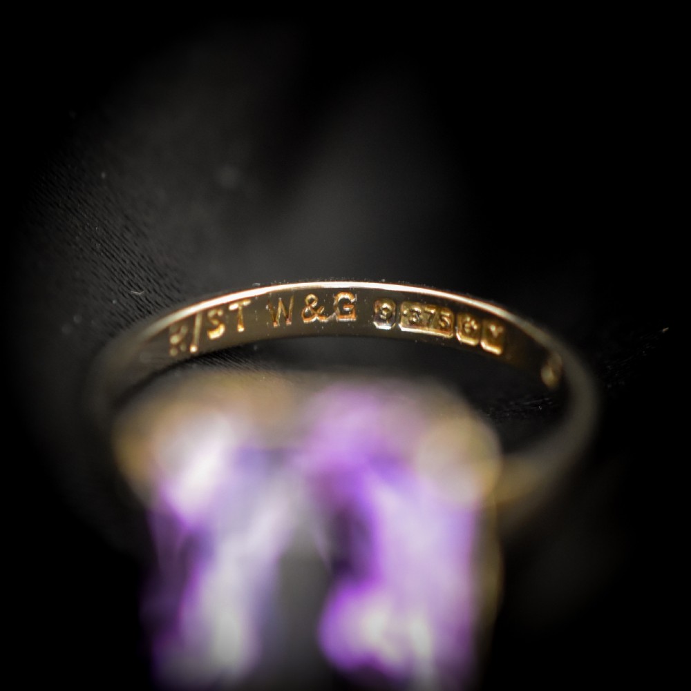 Vintage Rectangular Cut Large Amethyst Solitaire 9ct 9K Yellow Gold Cocktail Ring | Dated 1962 View X