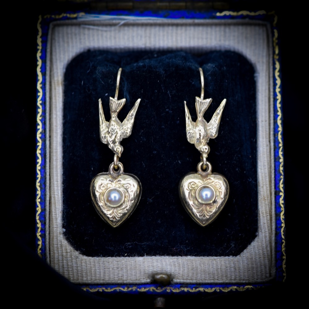 Antique Swallow Bird 9ct 9K Gold Engraved Puffy Heart Drop Earrings