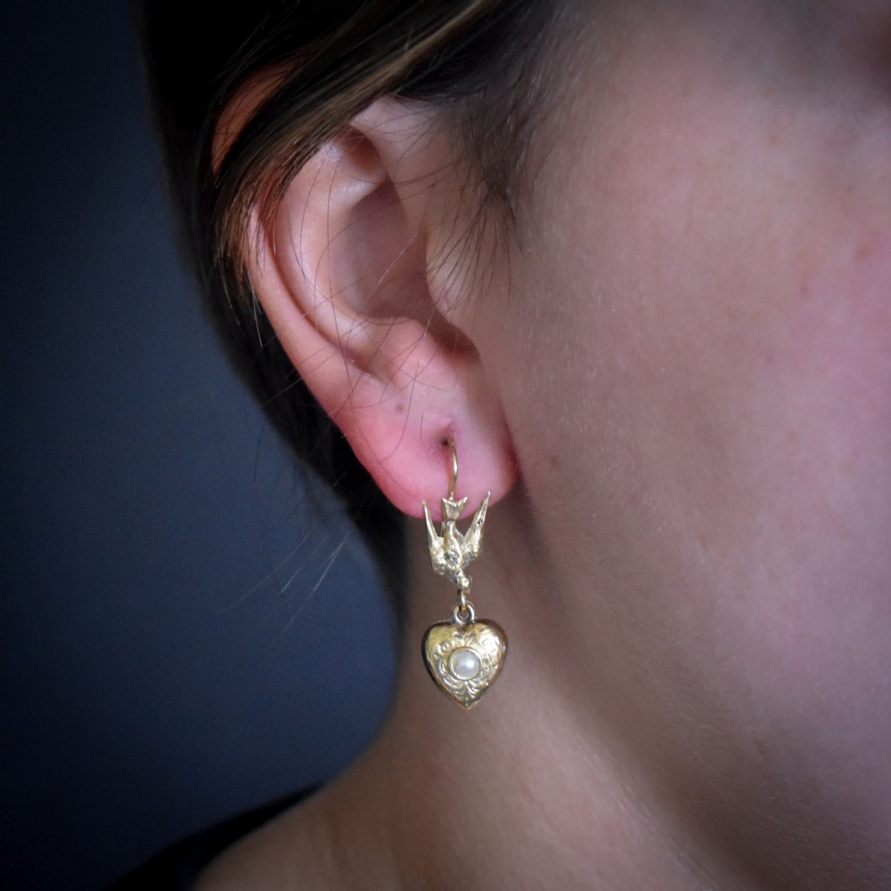 Antique Swallow Bird 9ct 9K Gold Engraved Puffy Heart Drop Earrings View II