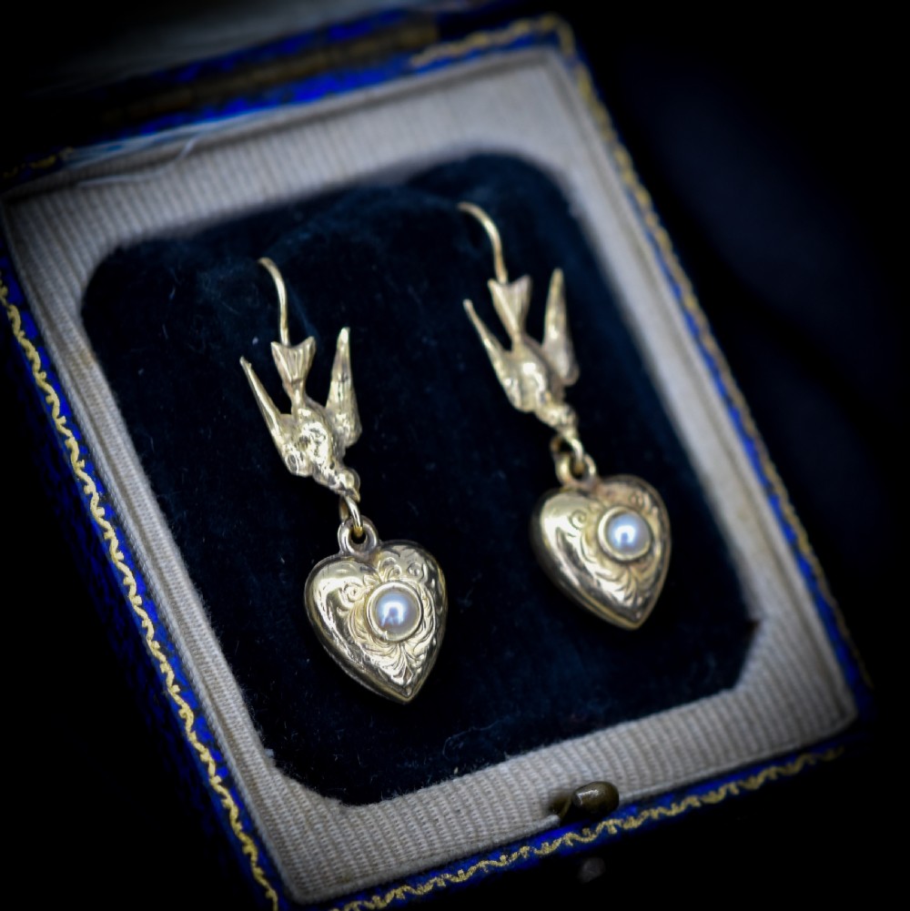 Antique Swallow Bird 9ct 9K Gold Engraved Puffy Heart Drop Earrings View III