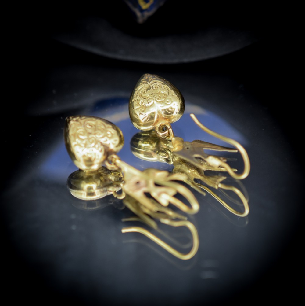 Antique Swallow Bird 9ct 9K Gold Engraved Puffy Heart Drop Earrings View V