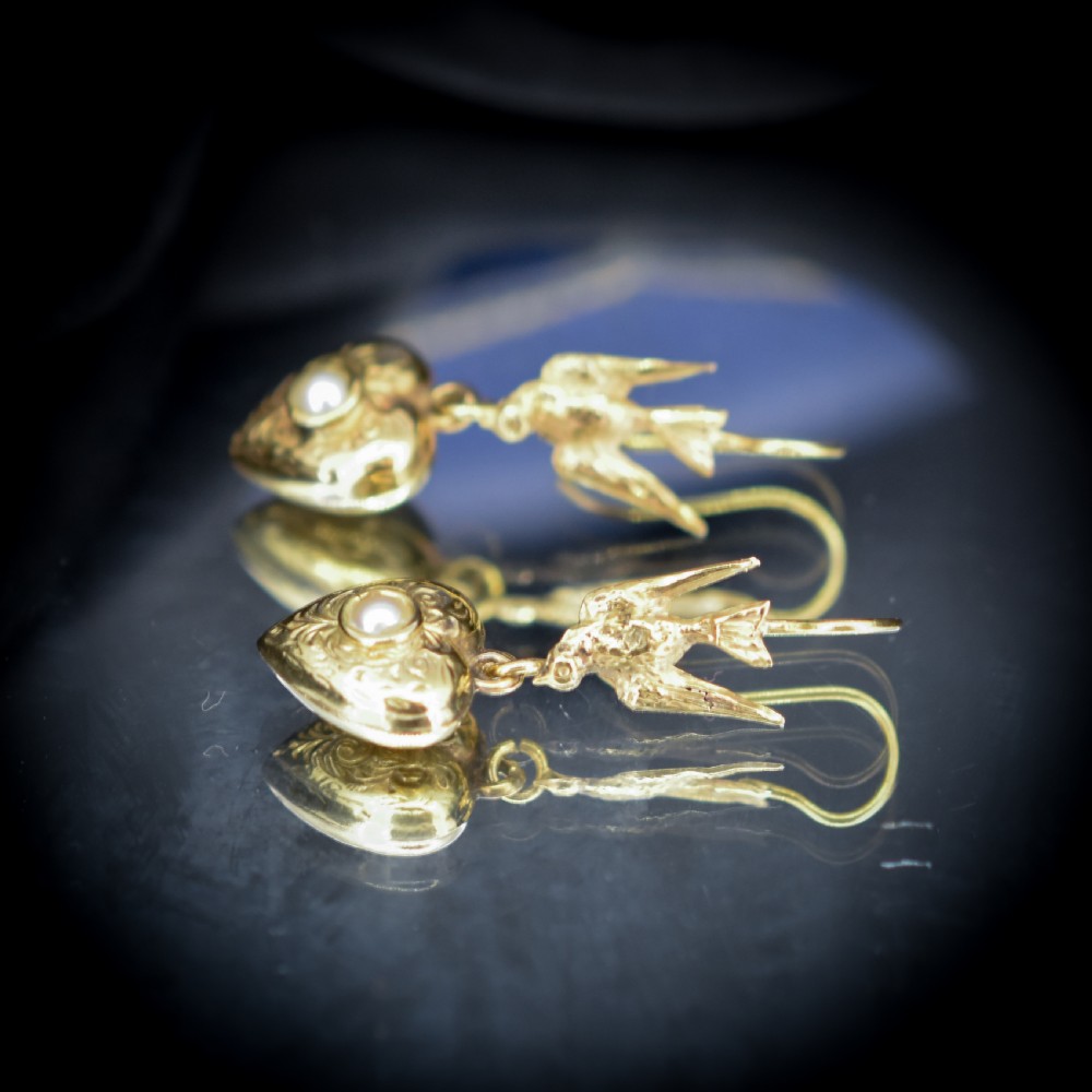Antique Swallow Bird 9ct 9K Gold Engraved Puffy Heart Drop Earrings View VI