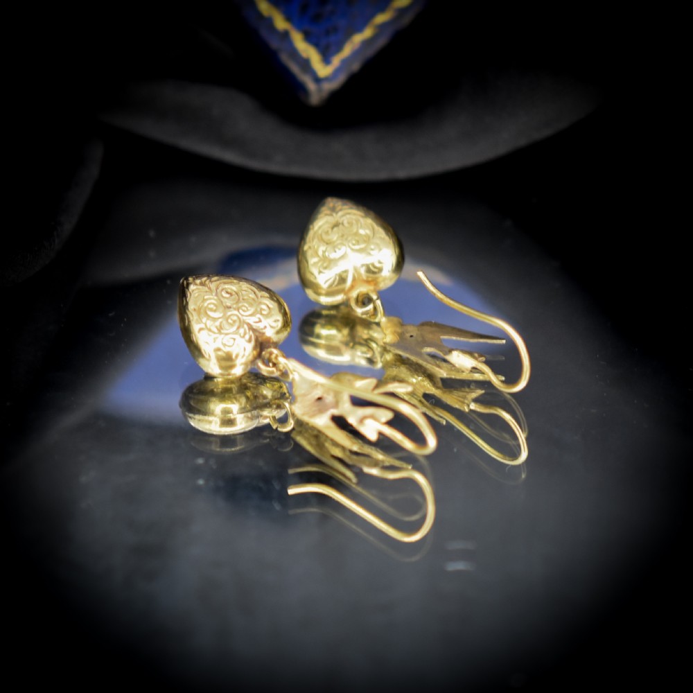 Antique Swallow Bird 9ct 9K Gold Engraved Puffy Heart Drop Earrings View VII