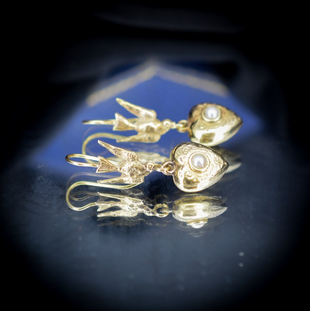 Antique Swallow Bird 9ct 9K Gold Engraved Puffy Heart Drop Earrings View IX