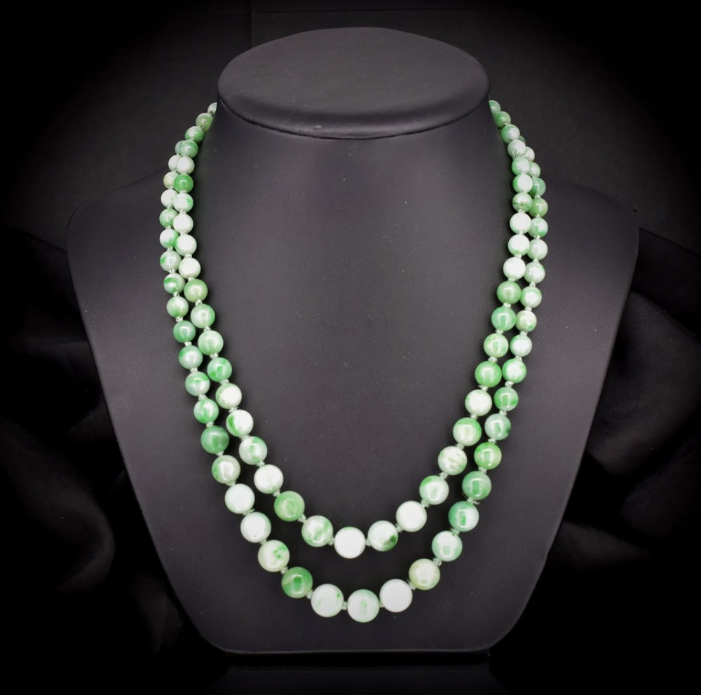 Art Deco Jade Beaded Double Strand Necklace with Diamond Clasp