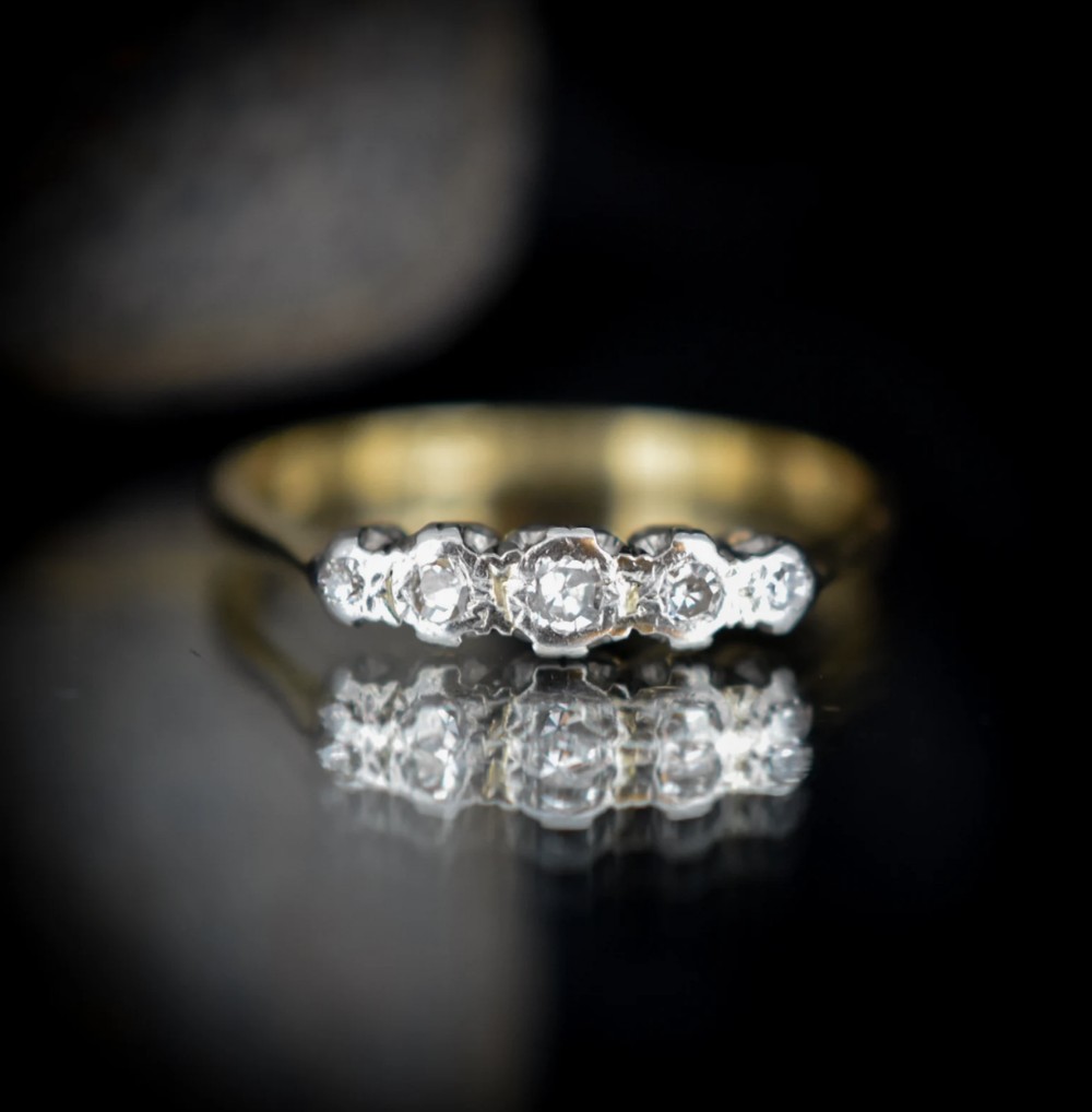 Antique Bezel Diamond Five Stone 18ct 18K Yellow Gold and Platinum Ring | Art Deco