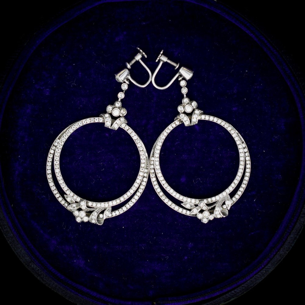Art Deco Paste Sterling Silver Hoop 'Hoops' Drop Dangle Screw Back Earrings View III
