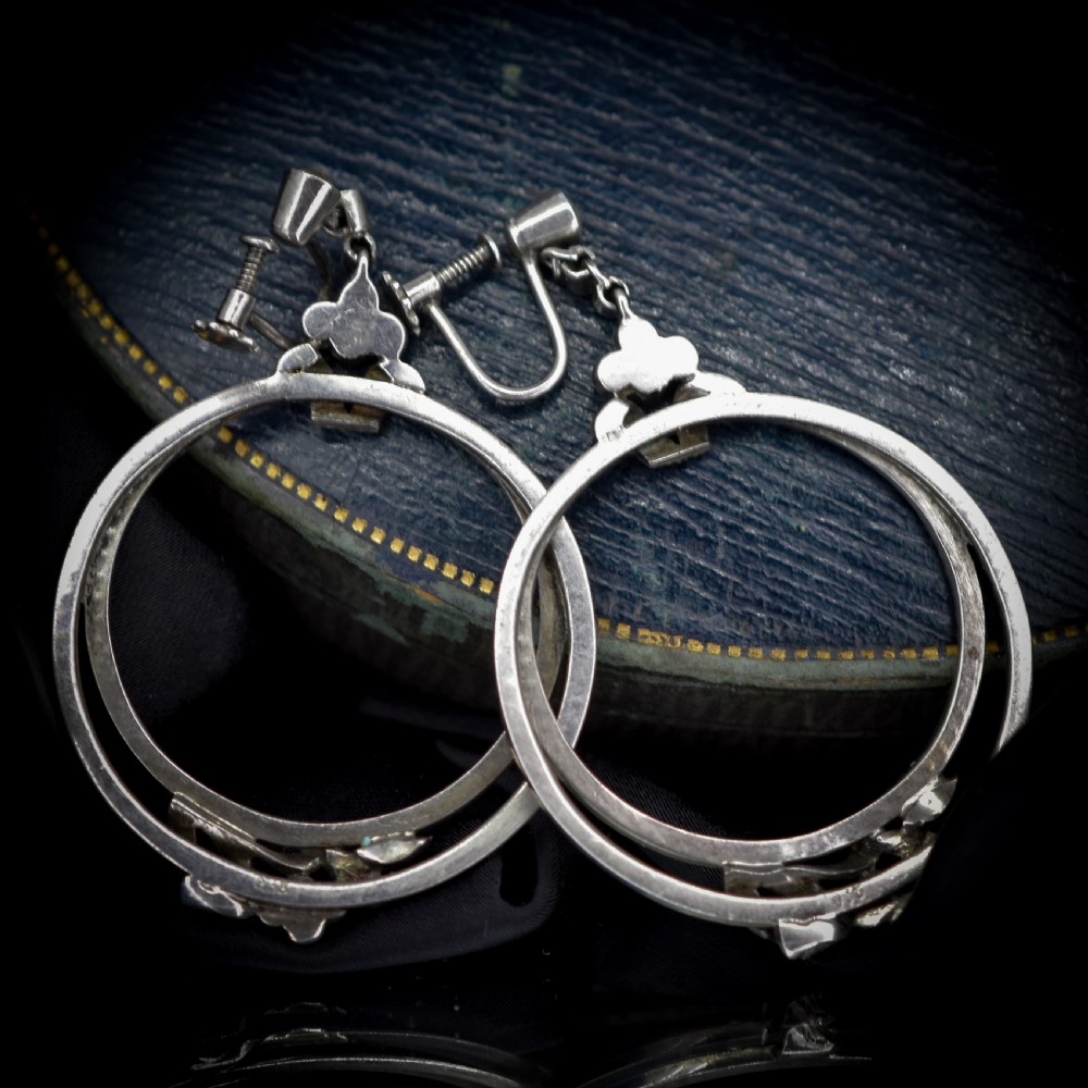 Art Deco Paste Sterling Silver Hoop 'Hoops' Drop Dangle Screw Back Earrings View VI