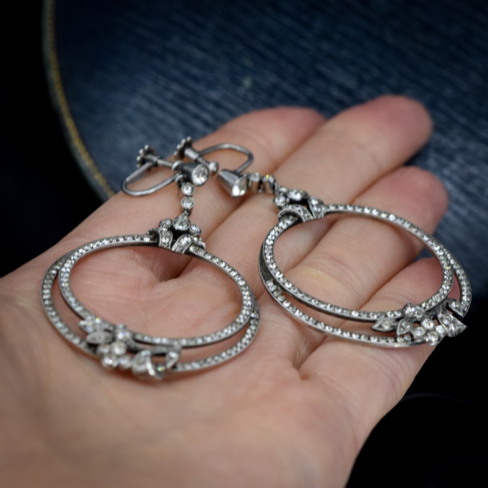 Art Deco Paste Sterling Silver Hoop 'Hoops' Drop Dangle Screw Back Earrings View IX