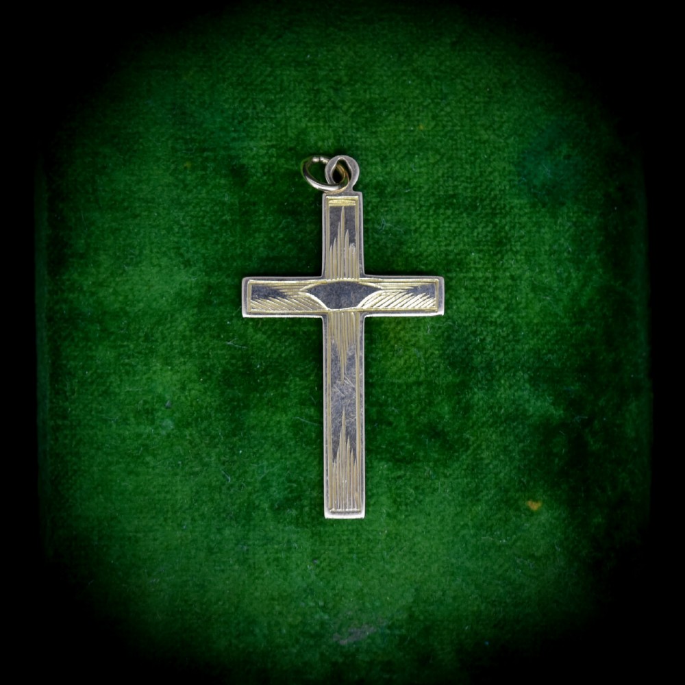 Vintage Art Deco Engraved 9ct 9K Yellow Gold Cross Religious Pendant Charm