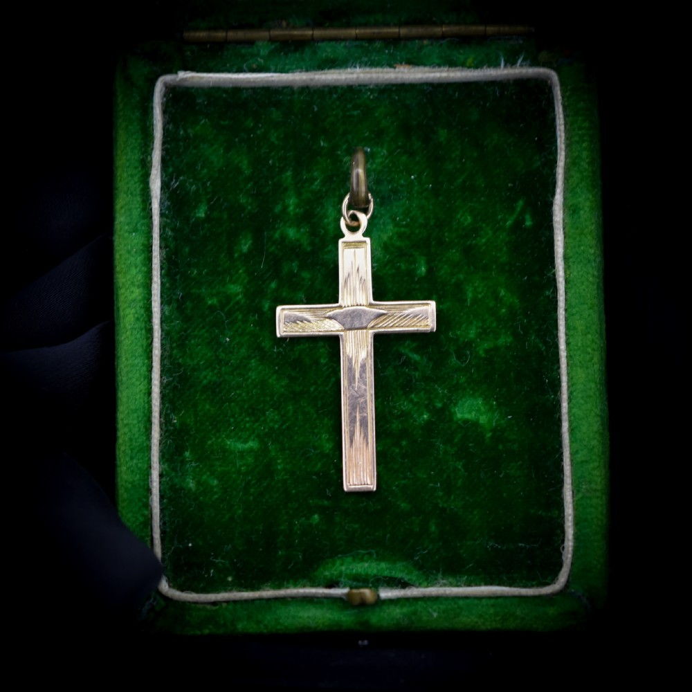 Vintage Art Deco Engraved 9ct 9K Yellow Gold Cross Religious Pendant Charm View IV