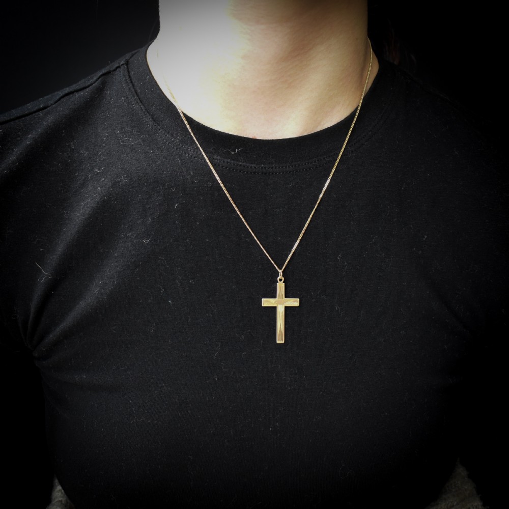 Vintage Art Deco Engraved 9ct 9K Yellow Gold Cross Religious Pendant Charm View V