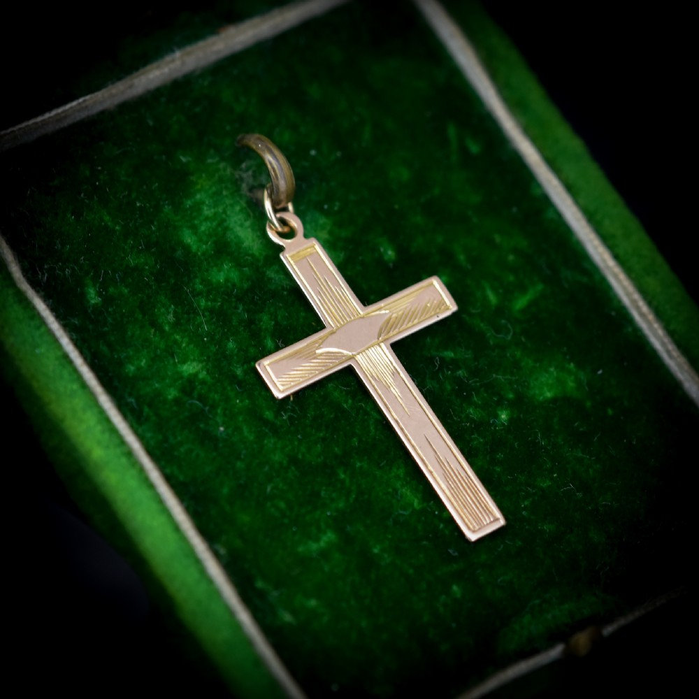 Vintage Art Deco Engraved 9ct 9K Yellow Gold Cross Religious Pendant Charm View VI