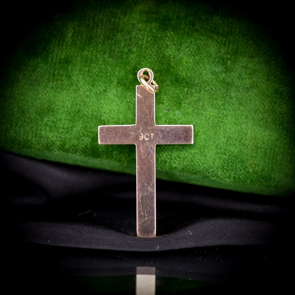 Vintage Art Deco Engraved 9ct 9K Yellow Gold Cross Religious Pendant Charm View VIII