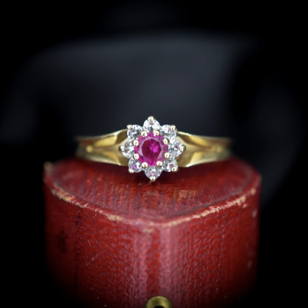 Vintage Synthetic Ruby Flower Cluster Halo 9ct 9K Yellow Gold Ring - Dated 1965