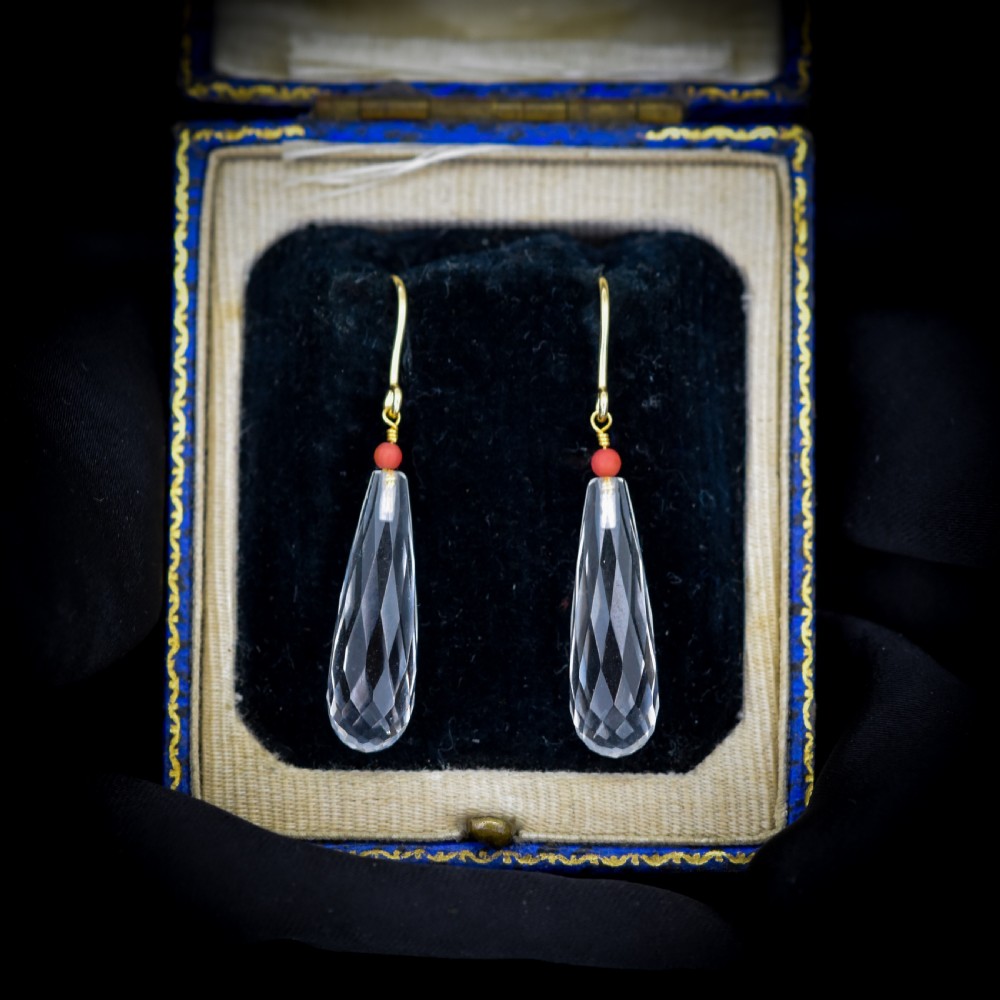 Antique Victorian Briolette Cut Rock Crystal and Coral 9ct Gold Drop Dangle Earrings
