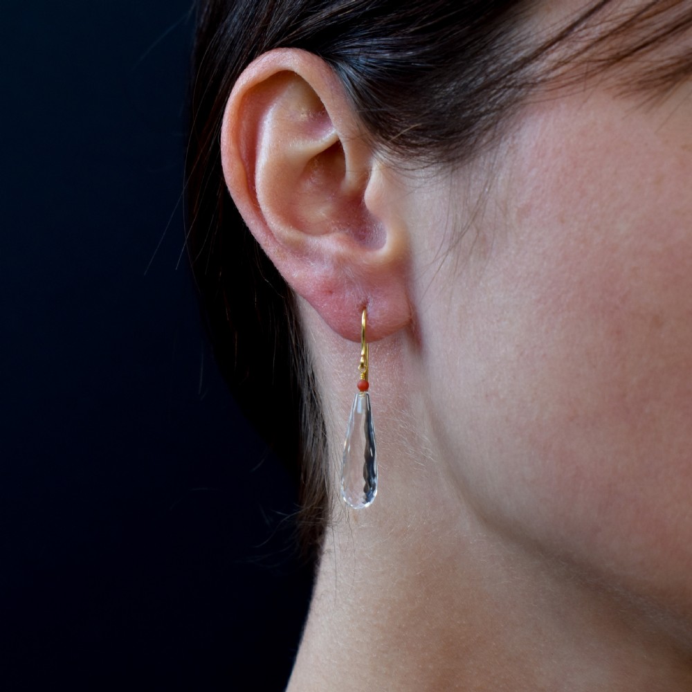Antique Victorian Briolette Cut Rock Crystal and Coral 9ct Gold Drop Dangle Earrings View II