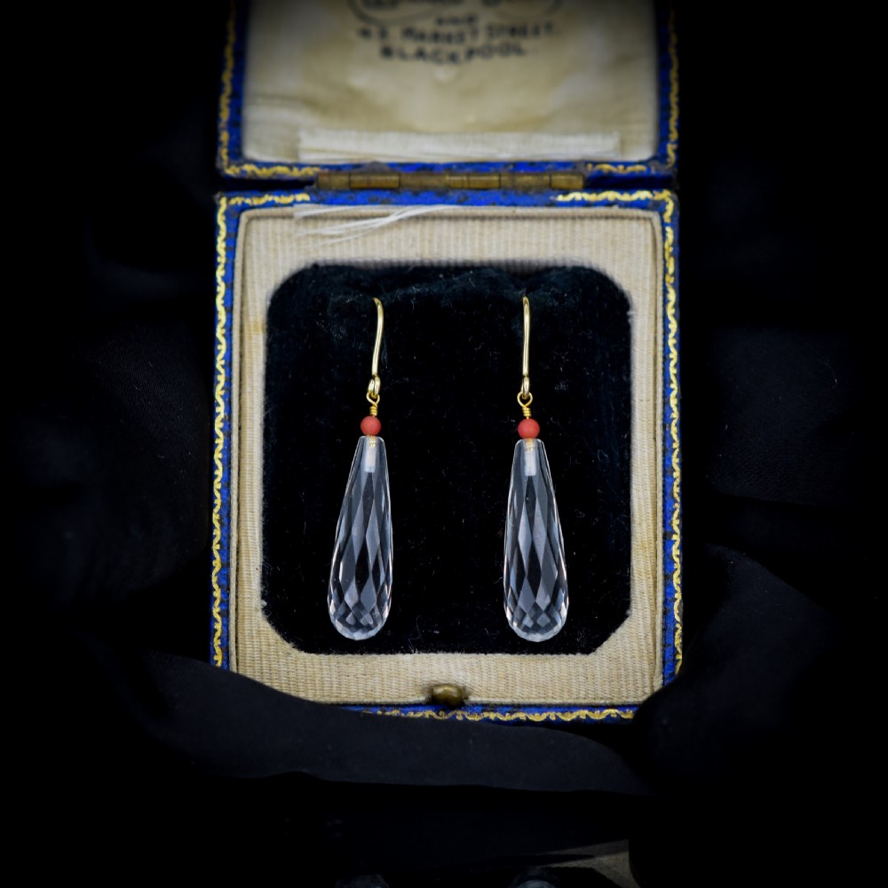 Antique Victorian Briolette Cut Rock Crystal and Coral 9ct Gold Drop Dangle Earrings View III