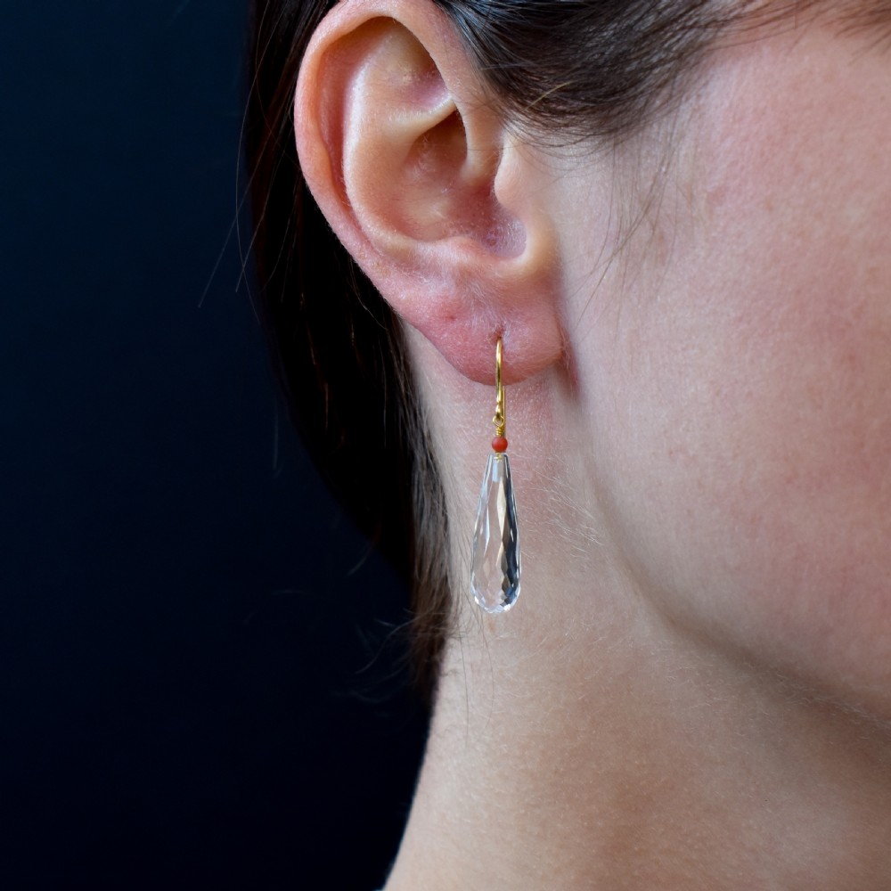 Antique Victorian Briolette Cut Rock Crystal and Coral 9ct Gold Drop Dangle Earrings View IV