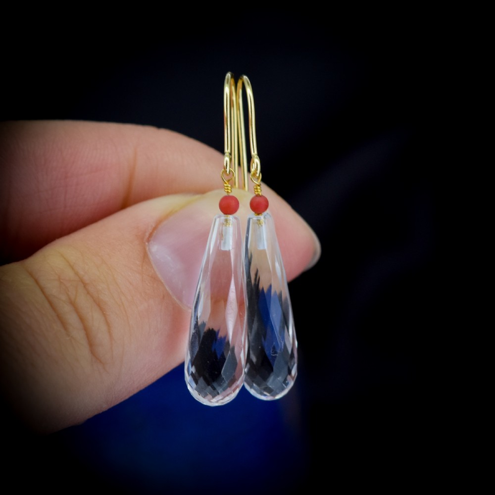 Antique Victorian Briolette Cut Rock Crystal and Coral 9ct Gold Drop Dangle Earrings View VI