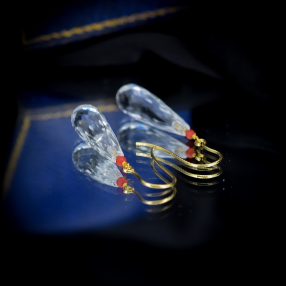 Antique Victorian Briolette Cut Rock Crystal and Coral 9ct Gold Drop Dangle Earrings View VIII