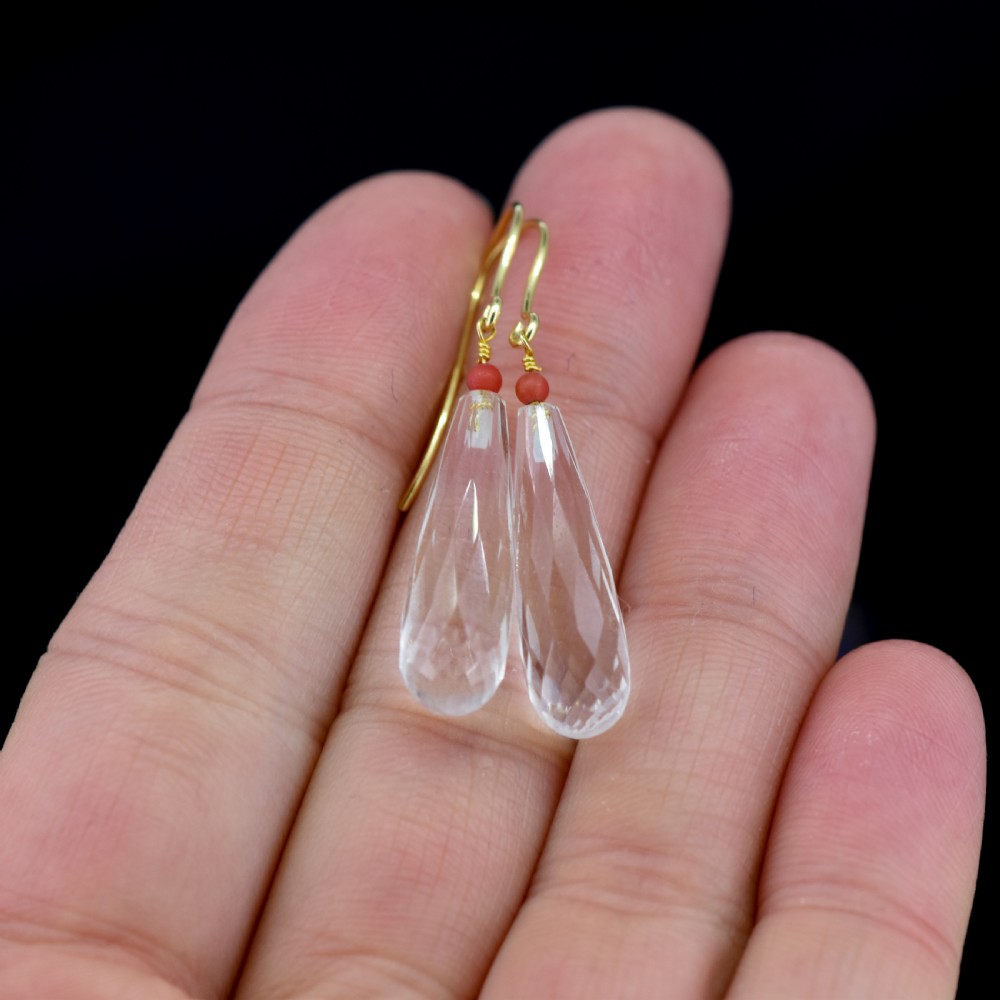 Antique Victorian Briolette Cut Rock Crystal and Coral 9ct Gold Drop Dangle Earrings View X