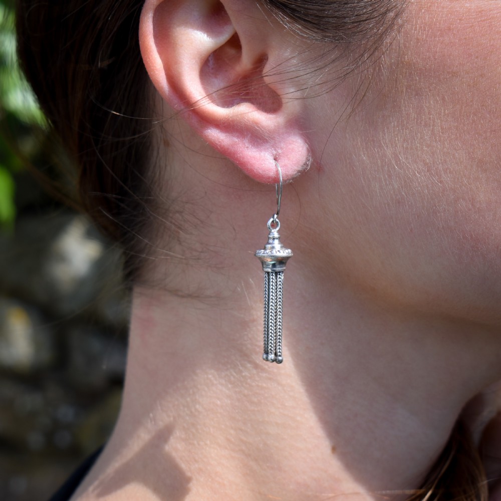 Antique Victorian Silver Tassel Drop Dangle Earrings View II