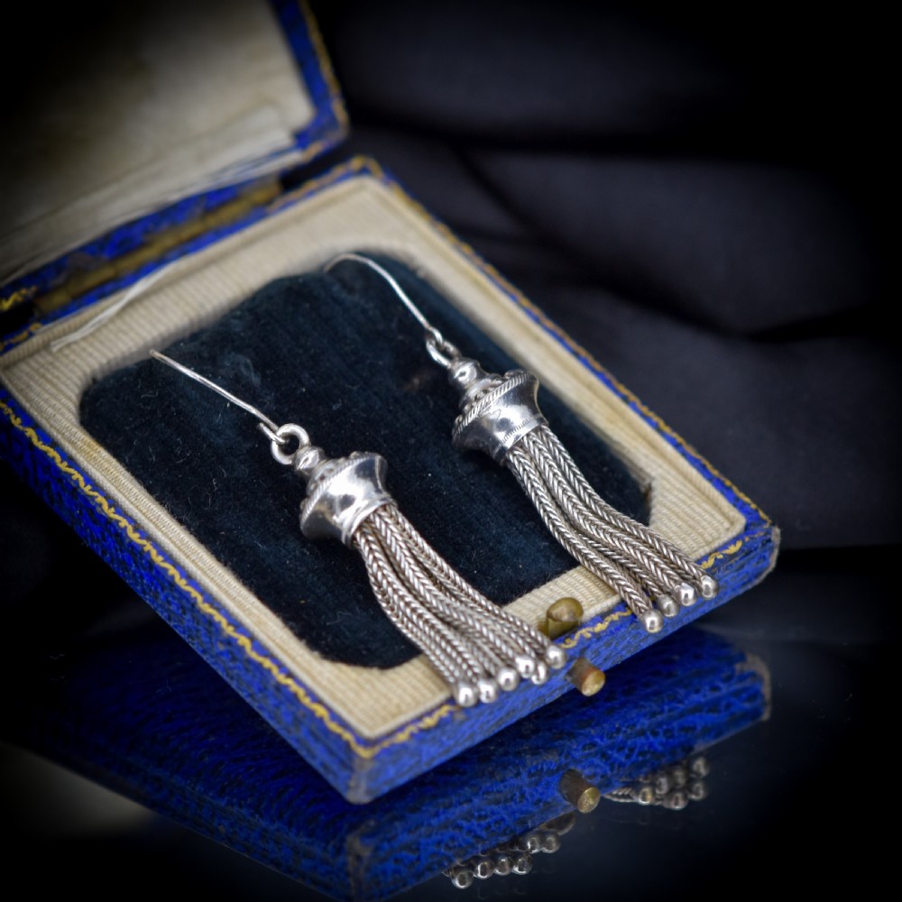 Antique Victorian Silver Tassel Drop Dangle Earrings View V