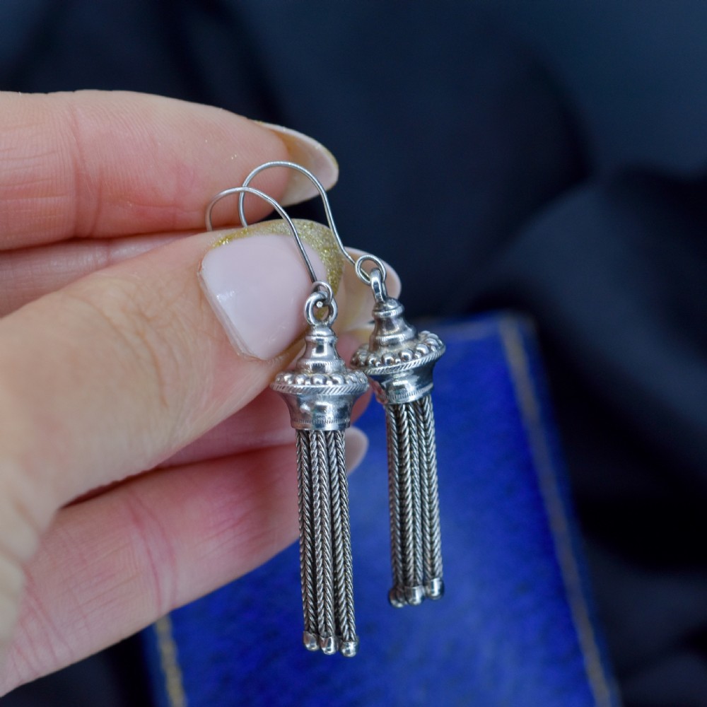 Antique Victorian Silver Tassel Drop Dangle Earrings View IX