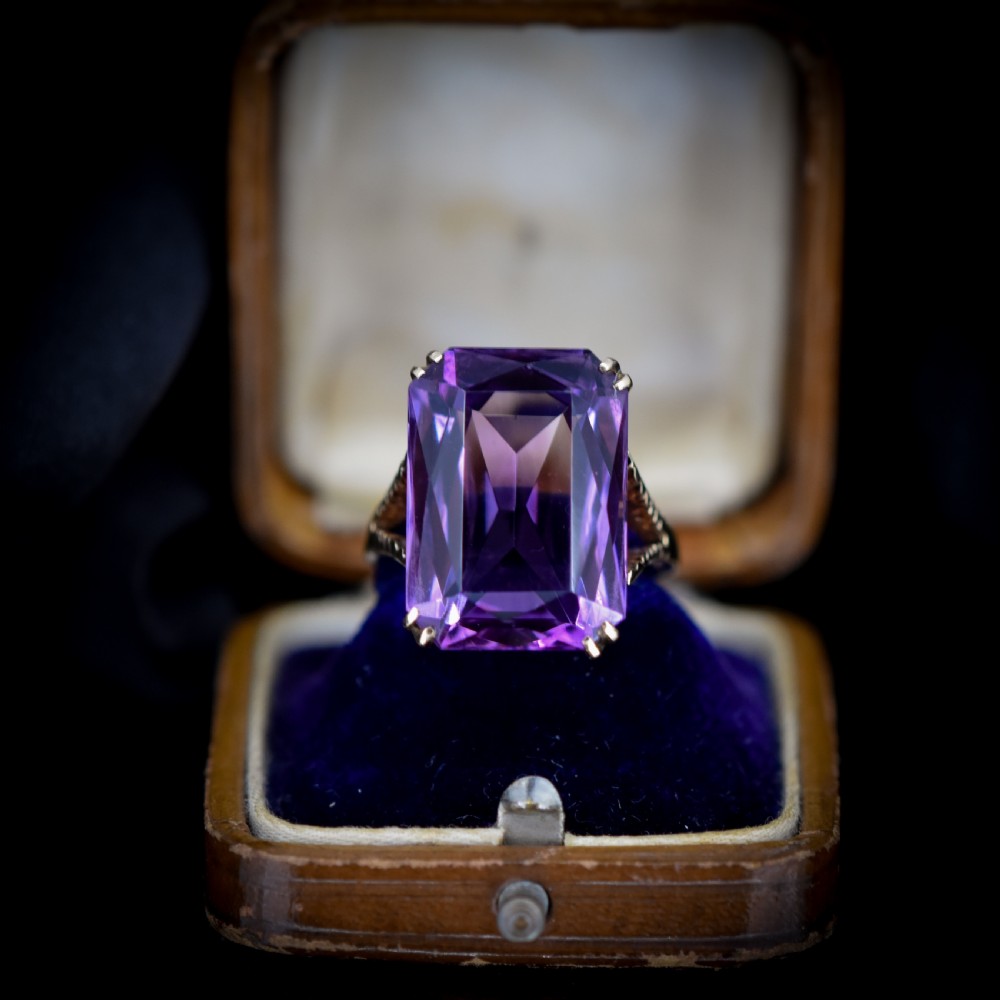Vintage Rectangular Cut Large Amethyst Solitaire Gold Cocktail Ring