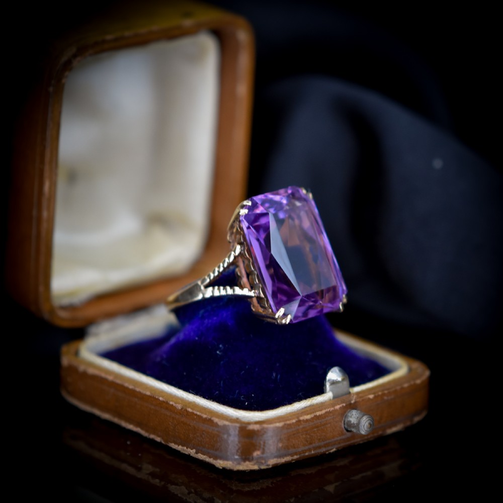 Vintage Rectangular Cut Large Amethyst Solitaire Gold Cocktail Ring View III