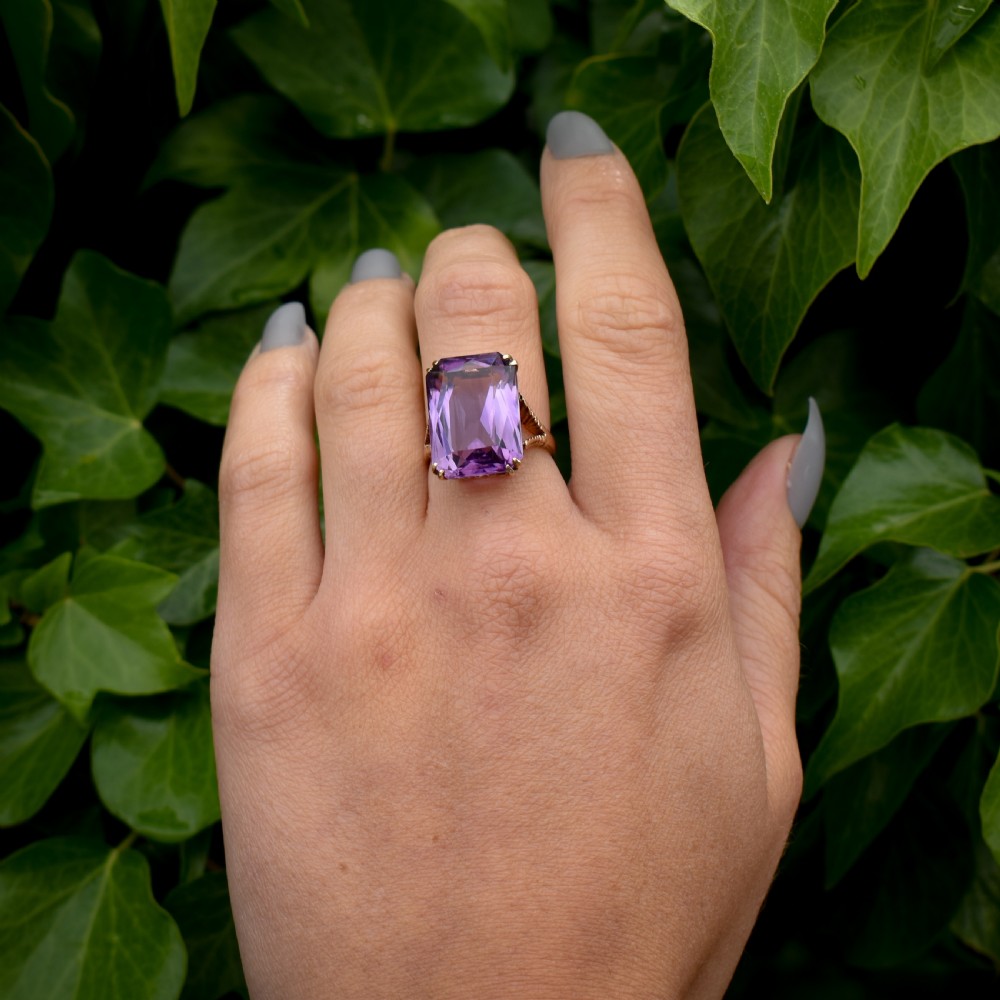 Vintage Rectangular Cut Large Amethyst Solitaire Gold Cocktail Ring View IV