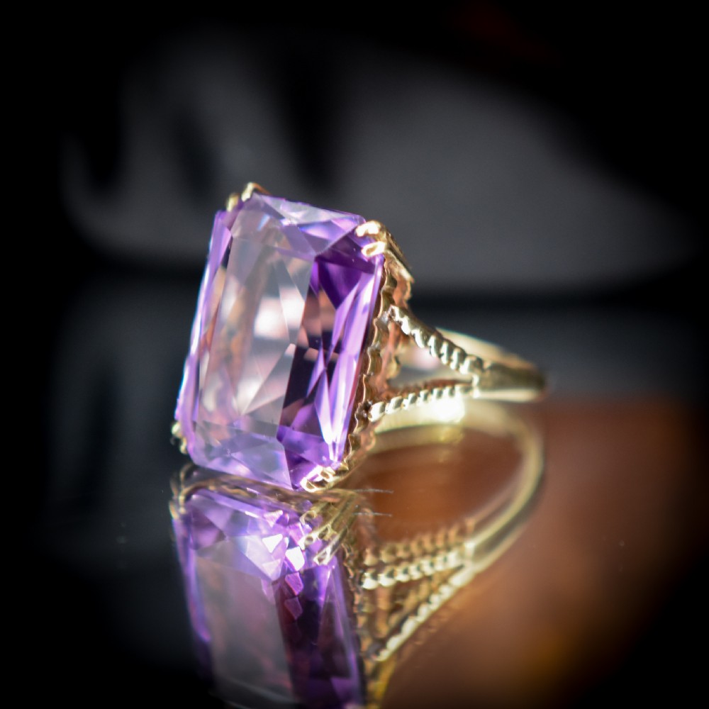 Vintage Rectangular Cut Large Amethyst Solitaire Gold Cocktail Ring View VI