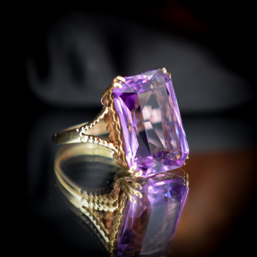 Vintage Rectangular Cut Large Amethyst Solitaire Gold Cocktail Ring View VII