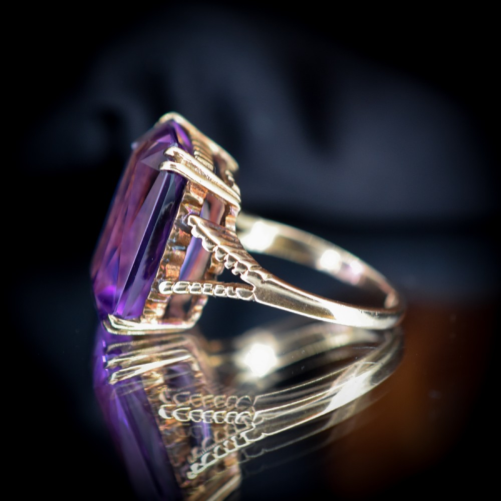 Vintage Rectangular Cut Large Amethyst Solitaire Gold Cocktail Ring View VIII