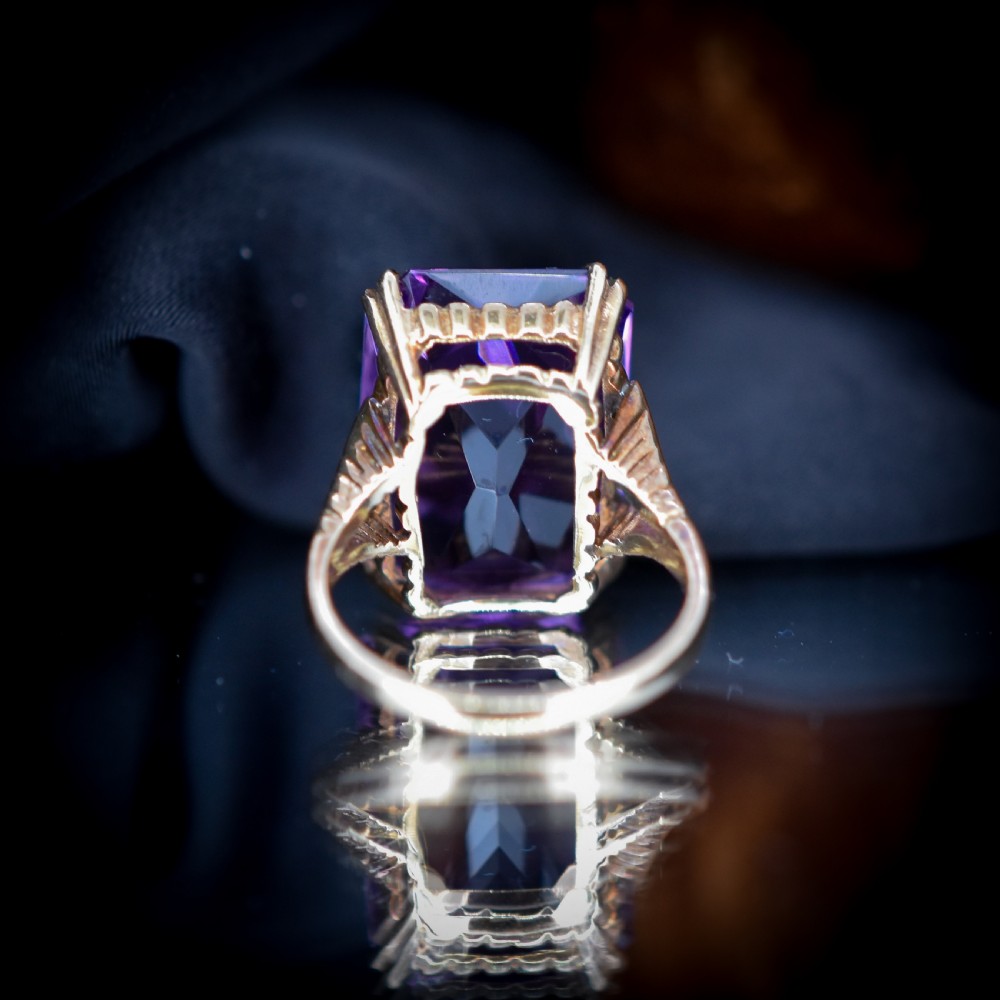 Vintage Rectangular Cut Large Amethyst Solitaire Gold Cocktail Ring View IX