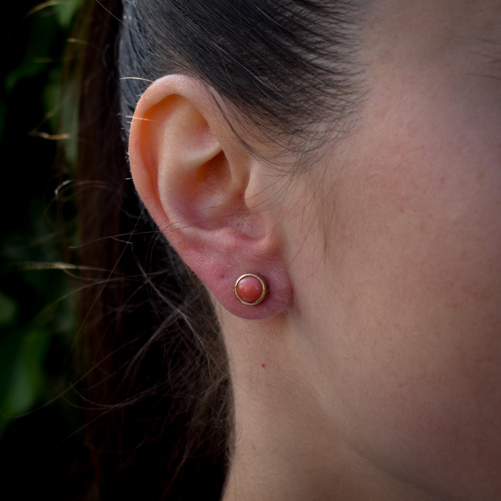 Vintage Round Coral Bezel Gold Stud Earrings, Studs View II
