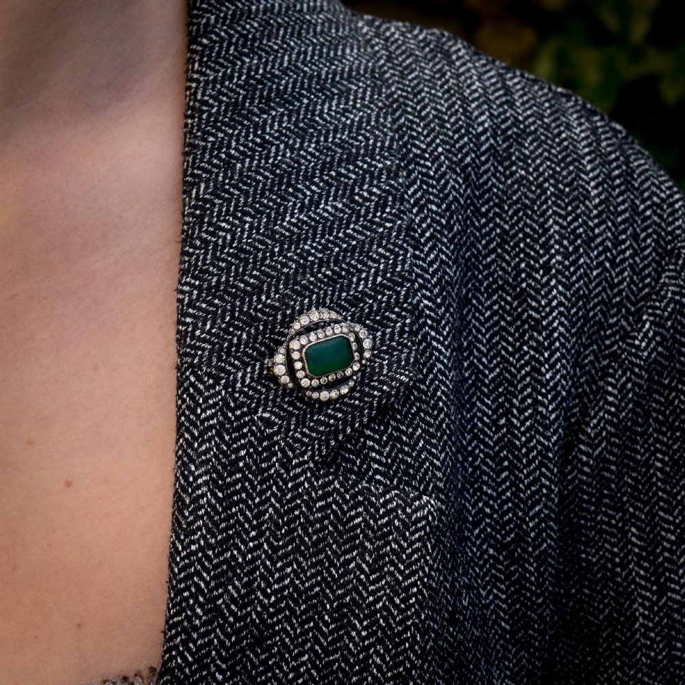 Antique Green Paste Sterling Silver Brooch Pin | Victorian View II