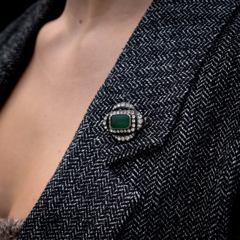 Antique Green Paste Sterling Silver Brooch Pin | Victorian View VIII