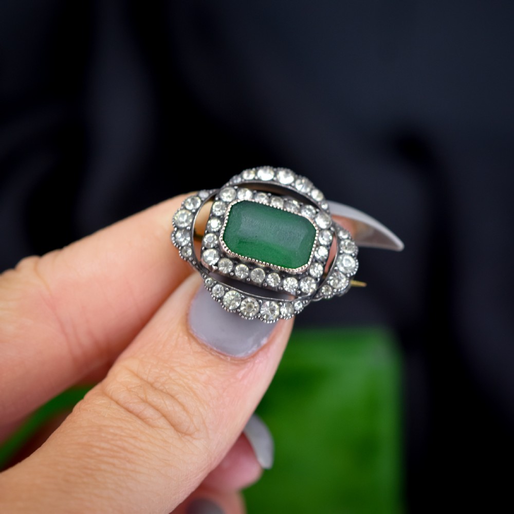 Antique Green Paste Sterling Silver Brooch Pin | Victorian View X