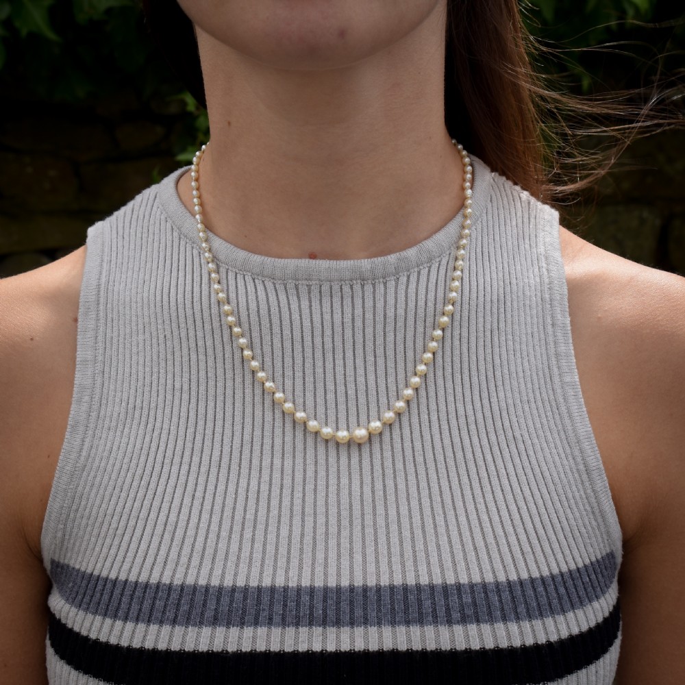 Antique Natural Pearl Diamond 18ct Gold Strand Necklace View II
