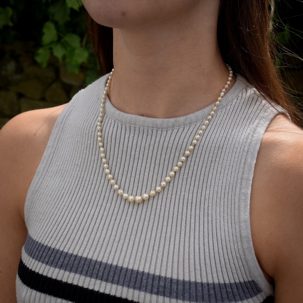 Antique Natural Pearl Diamond 18ct Gold Strand Necklace View IV