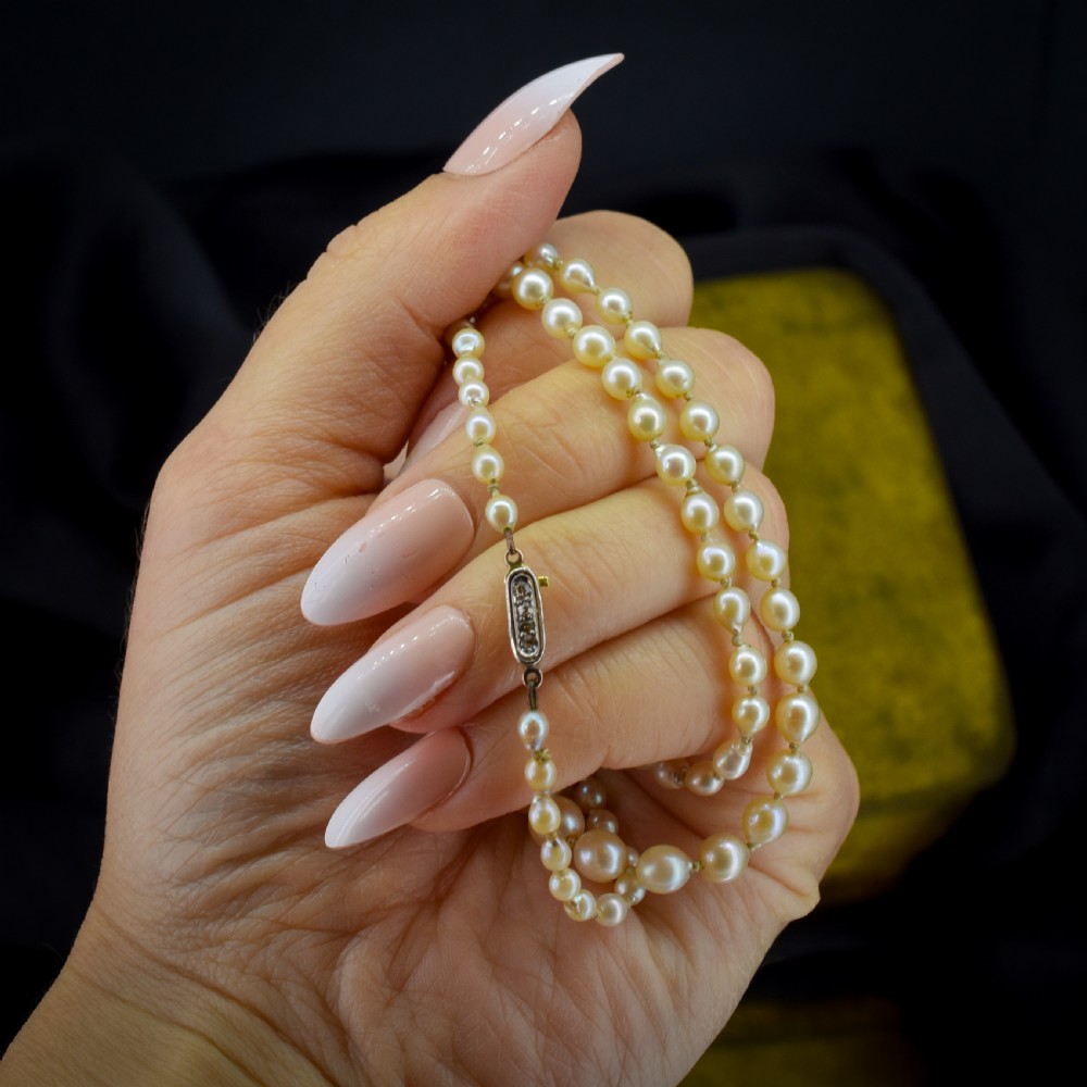 Antique Natural Pearl Diamond 18ct Gold Strand Necklace View IX